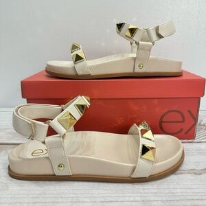 exe Cream Beige Vegan Leather Gold Studded Molded Footbed Sandals